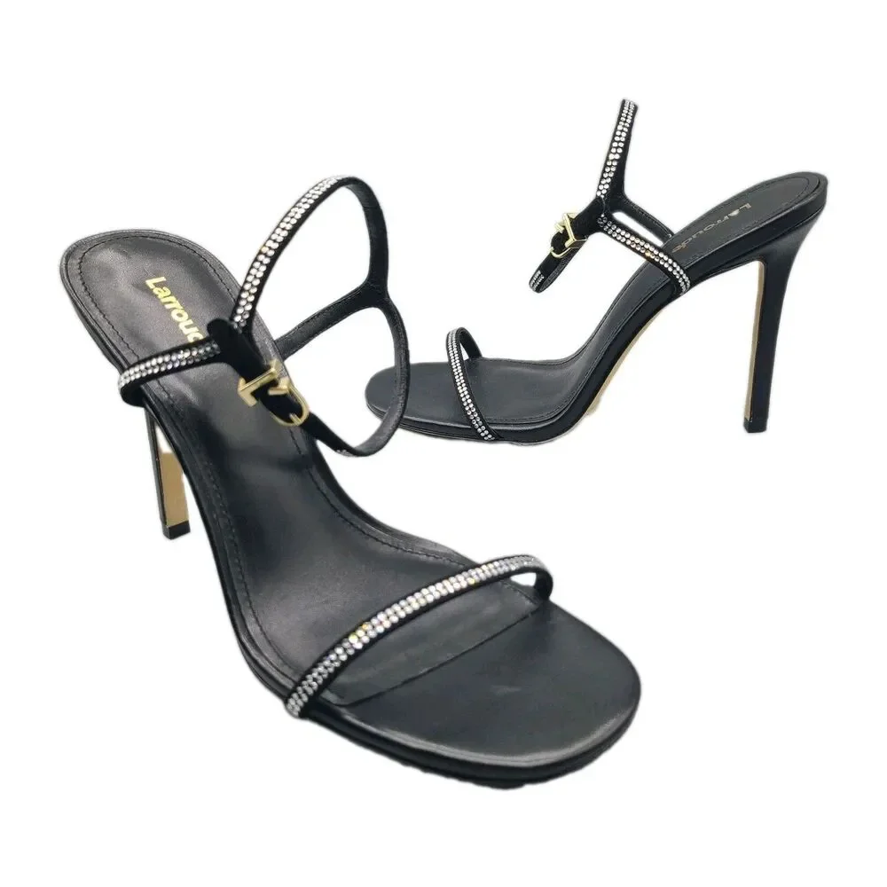 Larroude Venus Crystal Black Leather Stiletto Heel Sandals Holidays Size 8 New